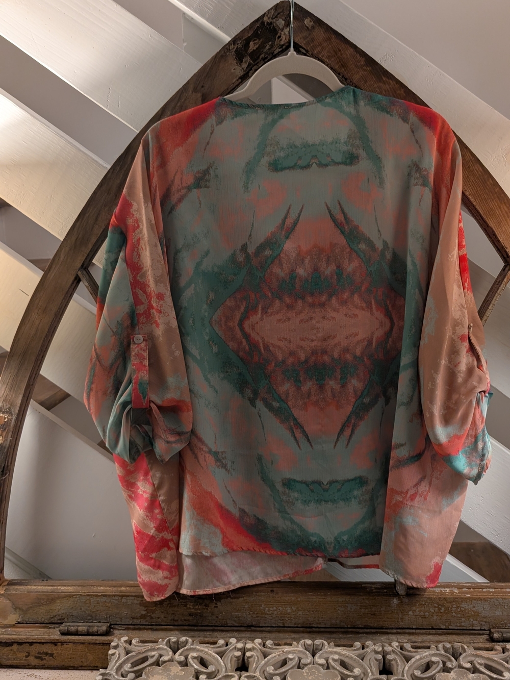 Umgee Coral Teal Beige V-Neck Tunic - Picture 2 of 2